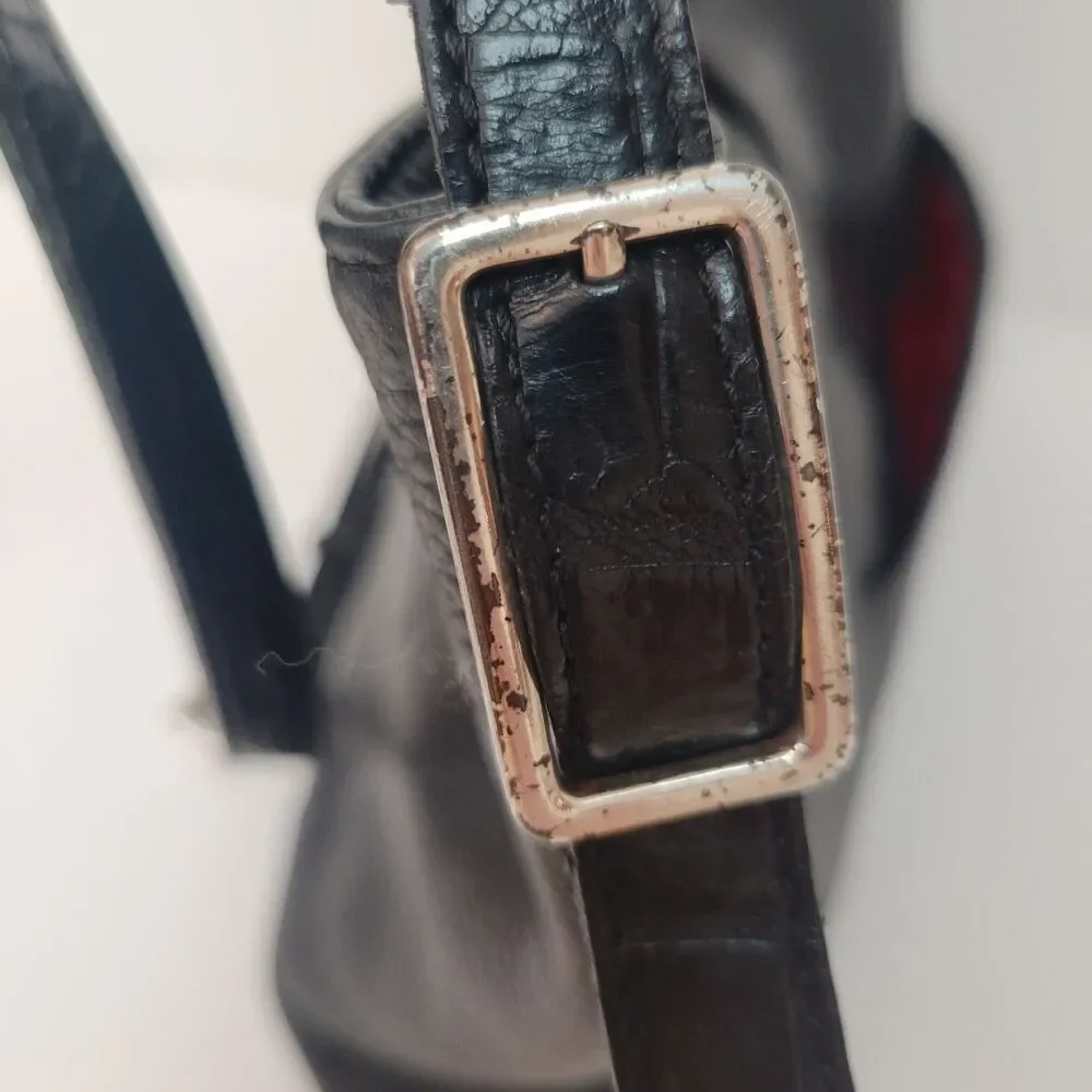 Brighton Black Pebbled Leather Shoulder Bag Croc Embossed Trim Silver Heart...